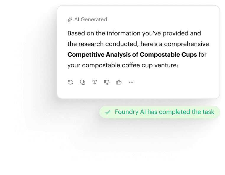 A notification card with an "AI Generated" label presenting a competitive analysis of compostable cups, followed by a green checkmark message stating "Foundry AI has completed the task."