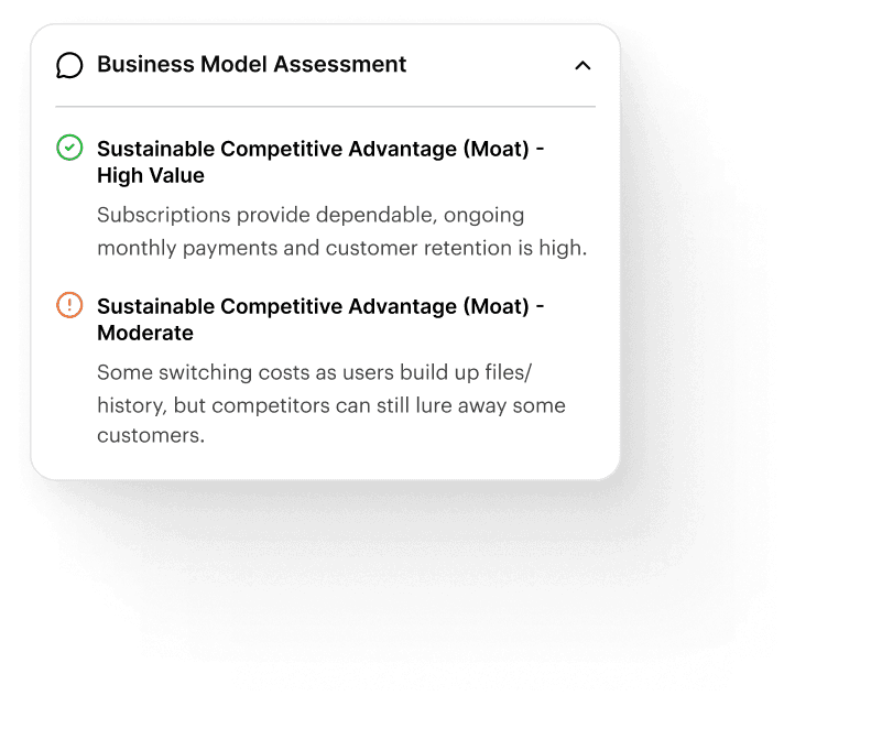 A business model assessment panel listing four points about sustainable competitive advantage, with value ratings and explanations, including high-value subscription benefits, digital product scalability, moderate switching costs, and flexible product planning.